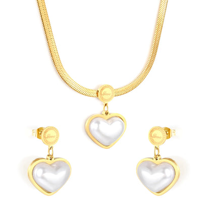 Elegant Gold Plated Pearl Heart-Shaped Necklace and Earring Set Hypoallergenic Jewelry for Women Perfect for Wedding Party and Daily Wear - Asonjewelry