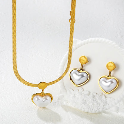 Elegant Gold Plated Pearl Heart-Shaped Necklace and Earring Set Hypoallergenic Jewelry for Women Perfect for Wedding Party and Daily Wear - Asonjewelry