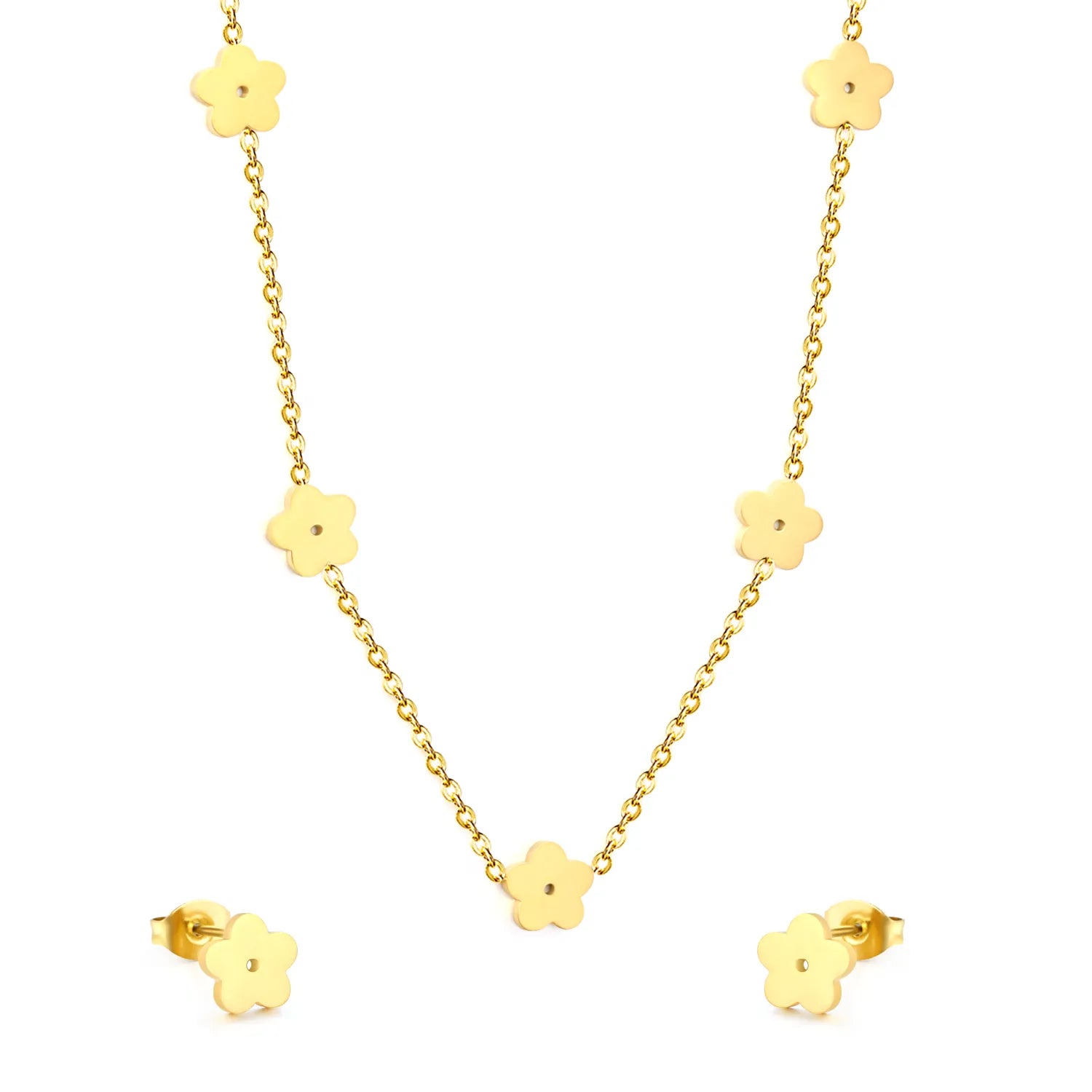 Polished Five-Petaled Flower Necklace and Earring Set in Gold - Asonjewelry