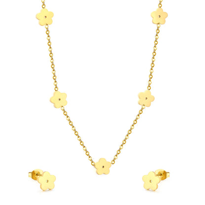 Polished Five-Petaled Flower Necklace and Earring Set in Gold - Asonjewelry