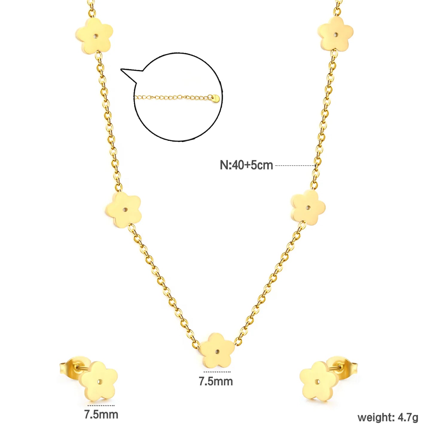 Polished Five-Petaled Flower Necklace and Earring Set in Gold - Asonjewelry