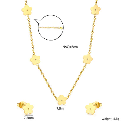 Polished Five-Petaled Flower Necklace and Earring Set in Gold - Asonjewelry