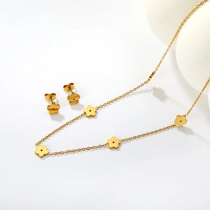 Polished Five-Petaled Flower Necklace and Earring Set in Gold - Asonjewelry