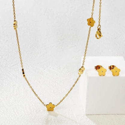 Polished Five-Petaled Flower Necklace and Earring Set in Gold - Asonjewelry