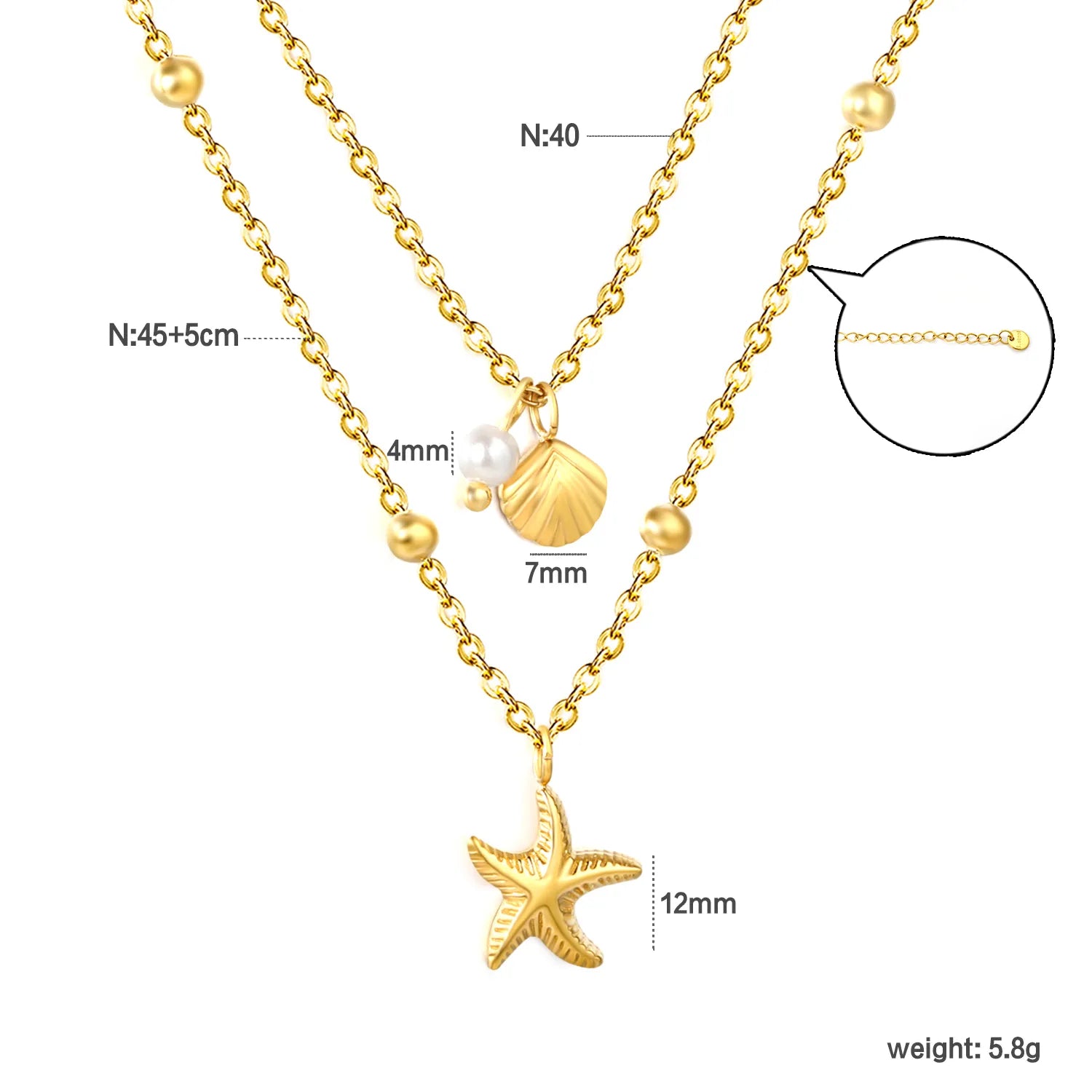 Pearl Shell Starfish Double Chain with Pearl Clasp Necklace, Gold - Asonjewelry