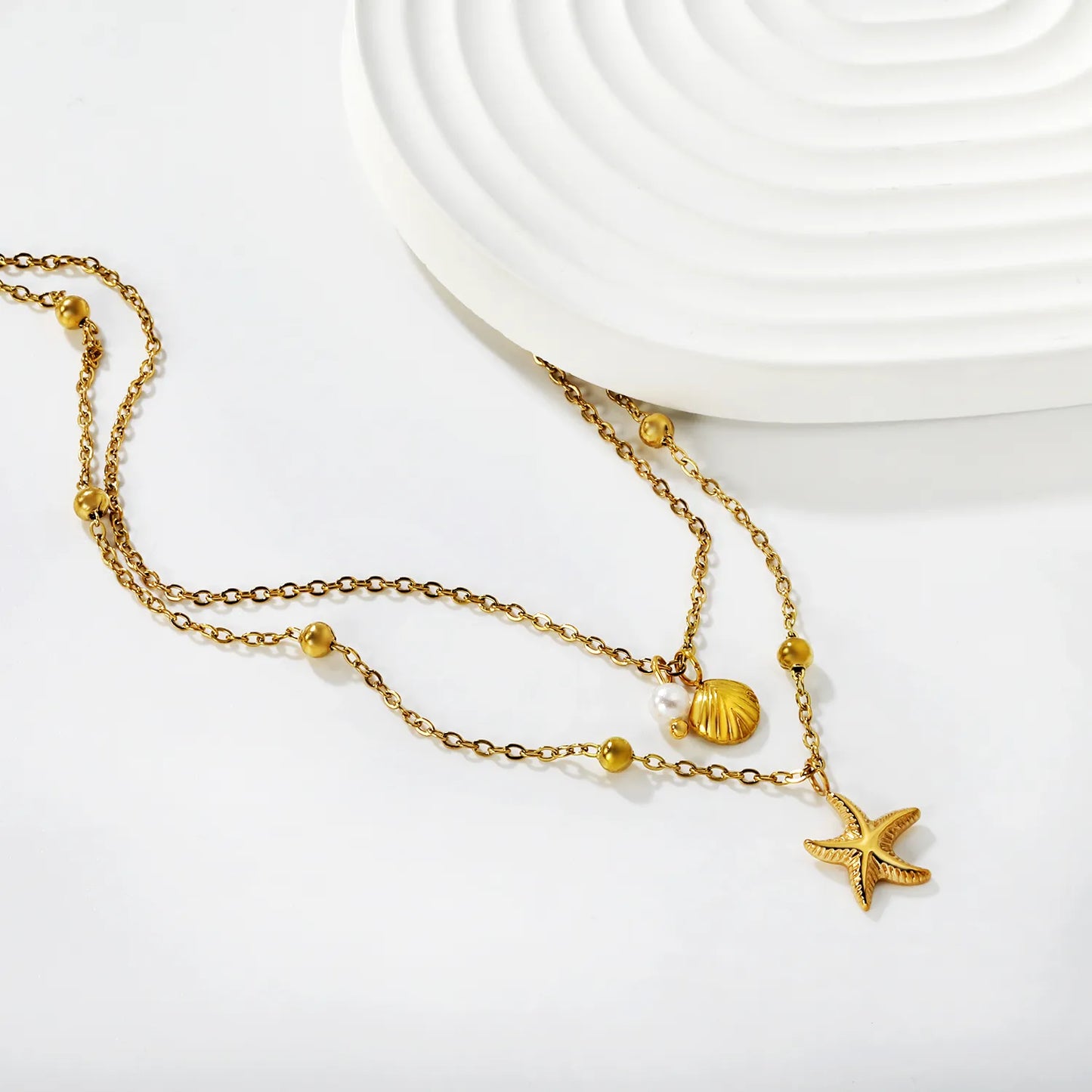 Pearl Shell Starfish Double Chain with Pearl Clasp Necklace, Gold - Asonjewelry
