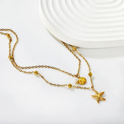 Pearl Shell Starfish Double Chain with Pearl Clasp Necklace, Gold - Asonjewelry