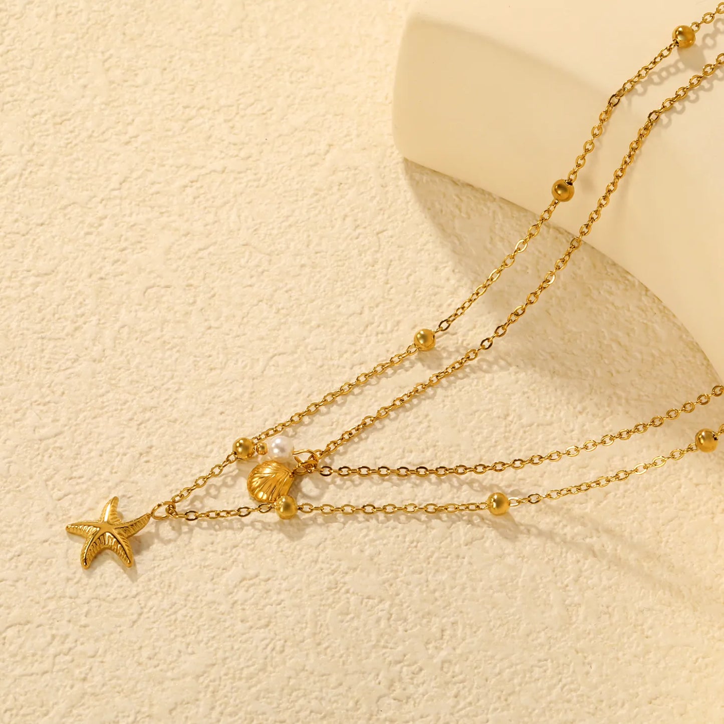 Pearl Shell Starfish Double Chain with Pearl Clasp Necklace, Gold - Asonjewelry
