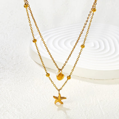 Pearl Shell Starfish Double Chain with Pearl Clasp Necklace, Gold - Asonjewelry