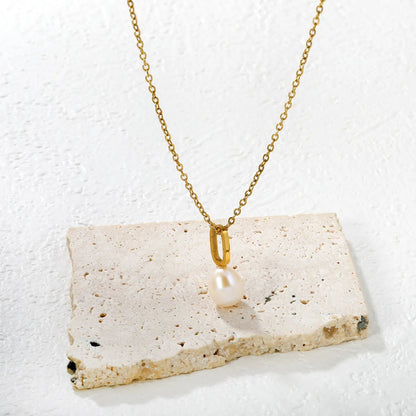 6.2 * 10mm hollow oval-shaped geometric piece assembled with 8.4 * 10mm freshwater pearls 0.4 cross chain 45+5cm+6mm round tail tag Necklace Gold asonjewelry