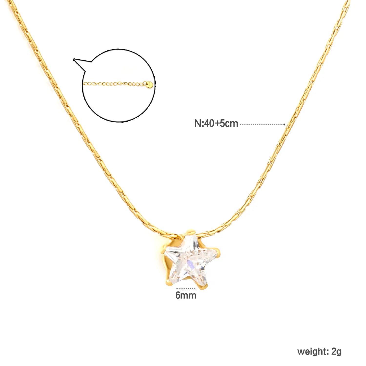 Necklace: 0.3mm solid chain with cross-link design, 40+5cm length + round pendant Gold-tone 6mm pentagram pendant with white zirconia stones - Asonjewelry