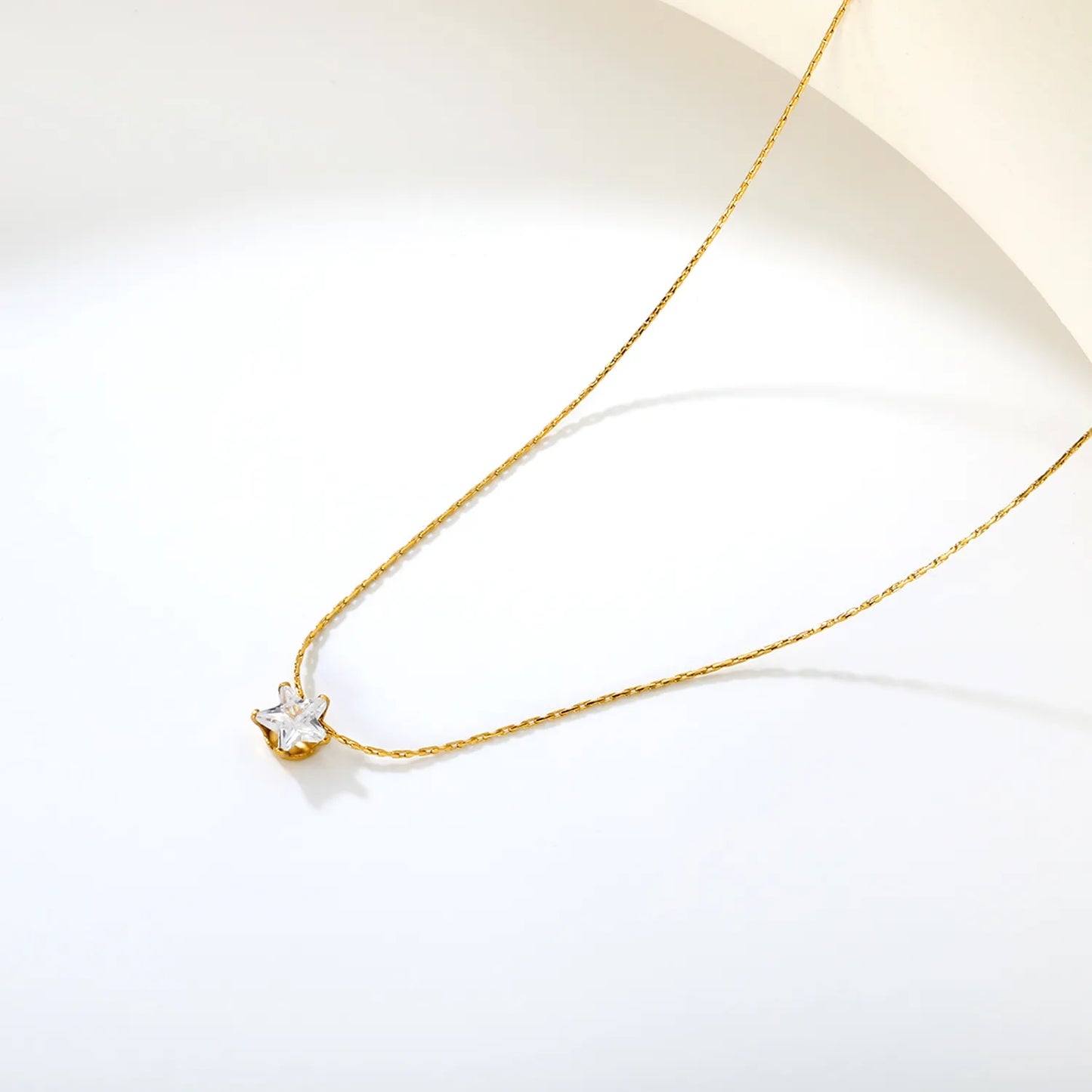 Necklace: 0.3mm solid chain with cross-link design, 40+5cm length + round pendant Gold-tone 6mm pentagram pendant with white zirconia stones - Asonjewelry