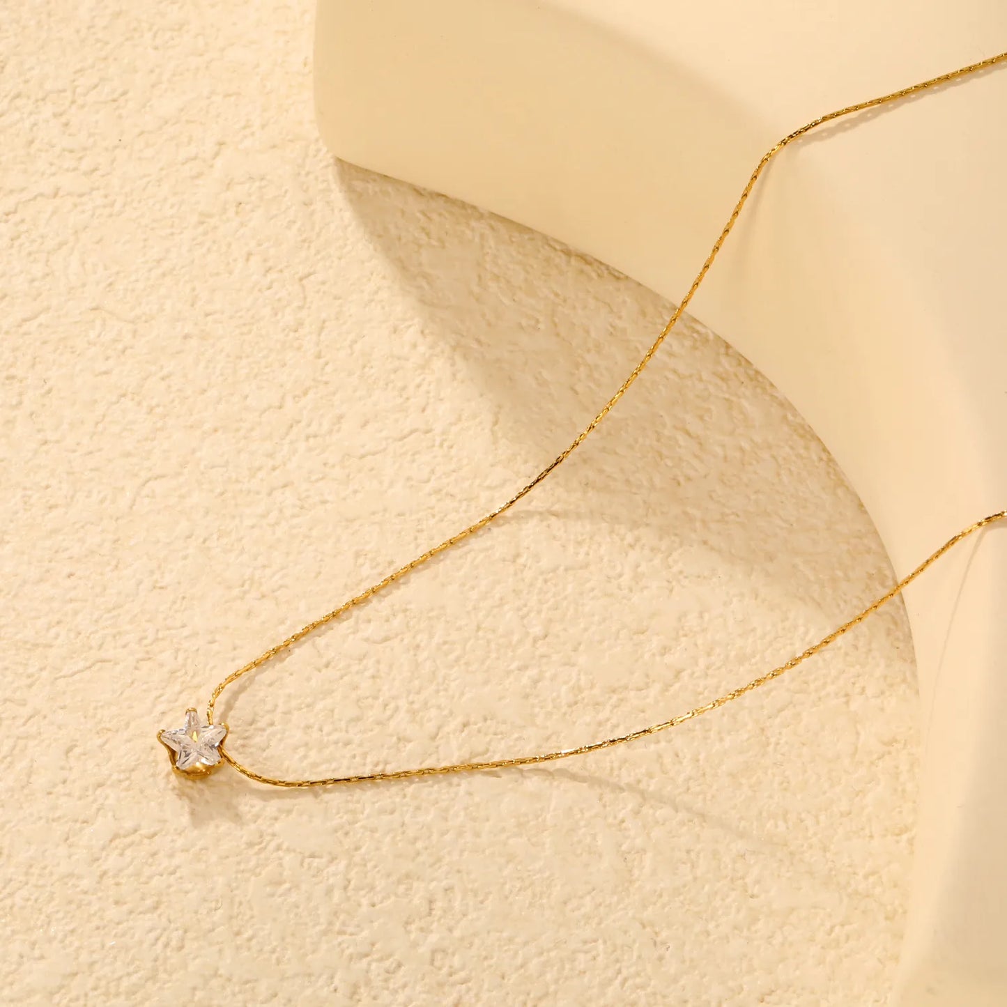 Necklace: 0.3mm solid chain with cross-link design, 40+5cm length + round pendant Gold-tone 6mm pentagram pendant with white zirconia stones - Asonjewelry