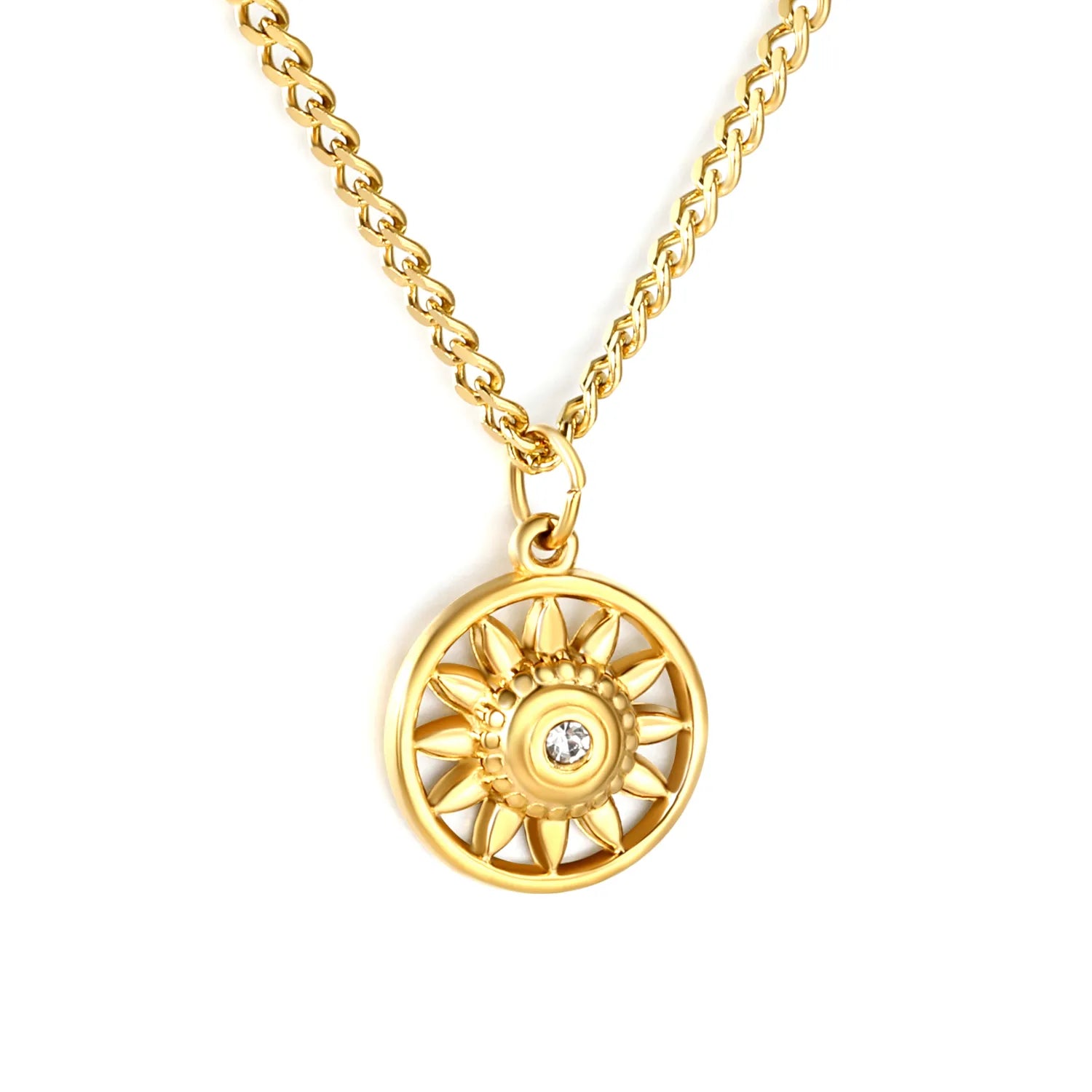 Necklace 2mm Double-Sided Brushed Finish 40+5cm + Round Pendant Steel Color Gold - Asonjewelry