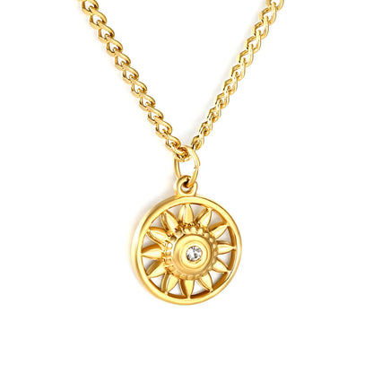 Necklace 2mm Double-Sided Brushed Finish 40+5cm + Round Pendant Steel Color Gold - Asonjewelry