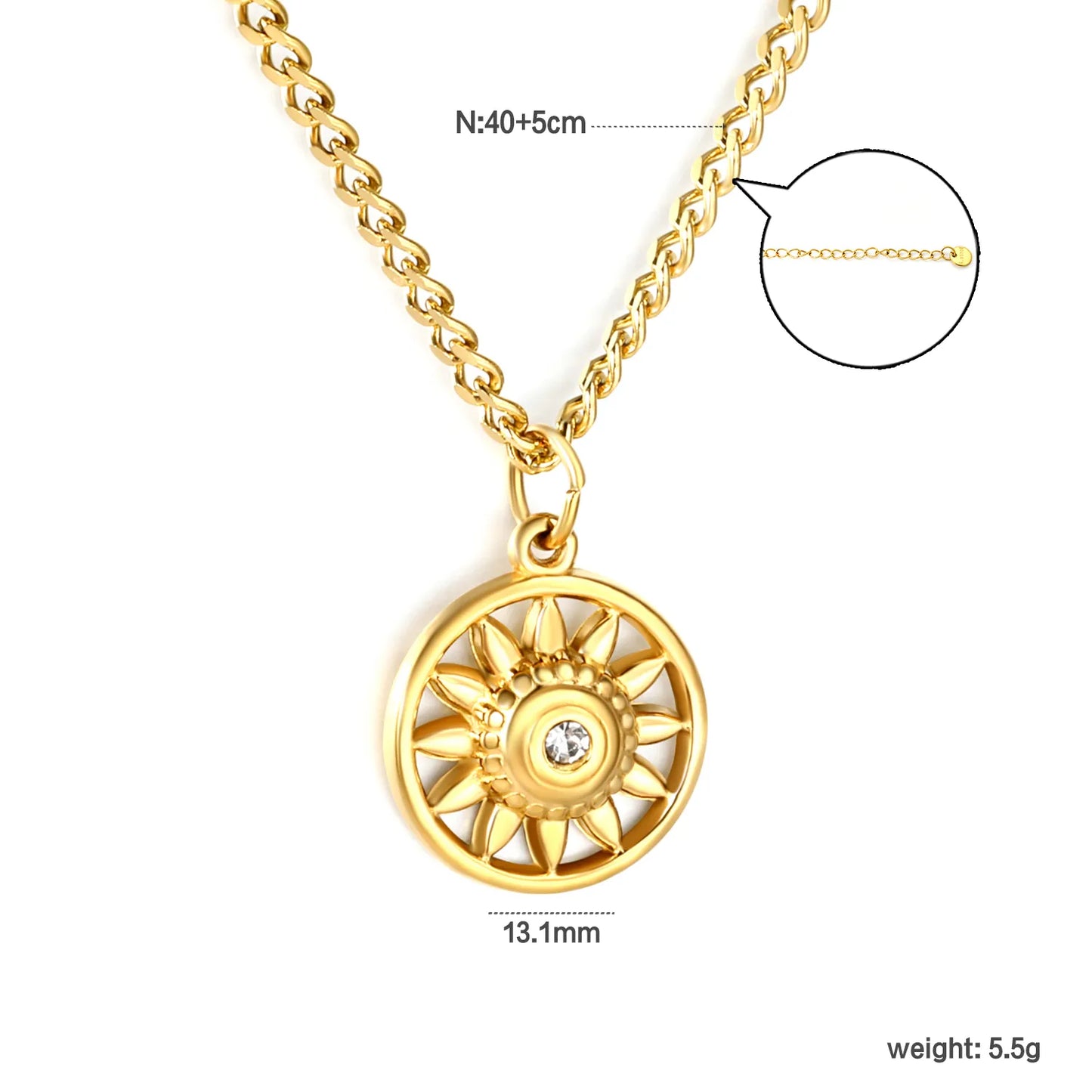 Necklace 2mm Double-Sided Brushed Finish 40+5cm + Round Pendant Steel Color Gold - Asonjewelry