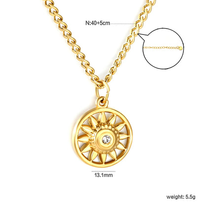 Necklace 2mm Double-Sided Brushed Finish 40+5cm + Round Pendant Steel Color Gold - Asonjewelry