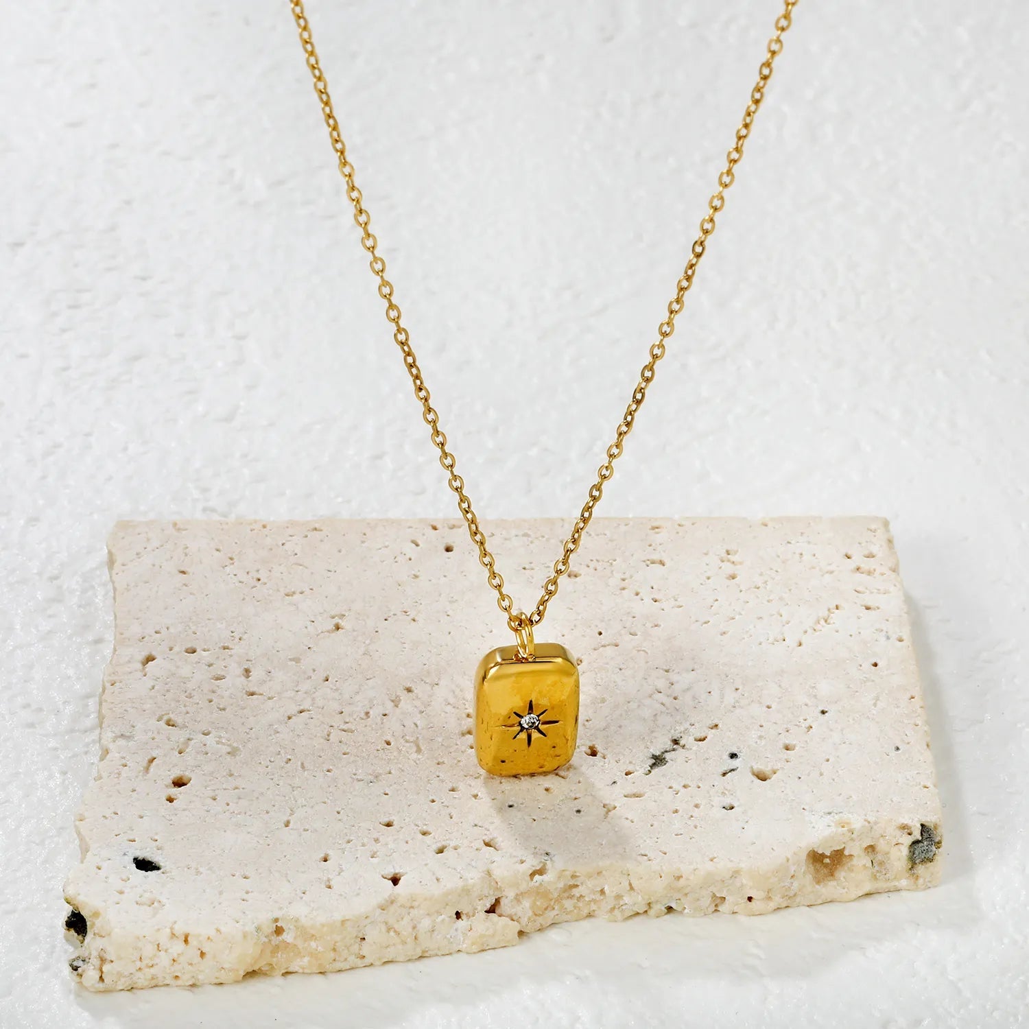 (LPN16651G model) 9*12.5mm small gold brick octagonal star with diamond pendant 2mm 40+5cm++6mm round tail label necklace gold asonjewelry