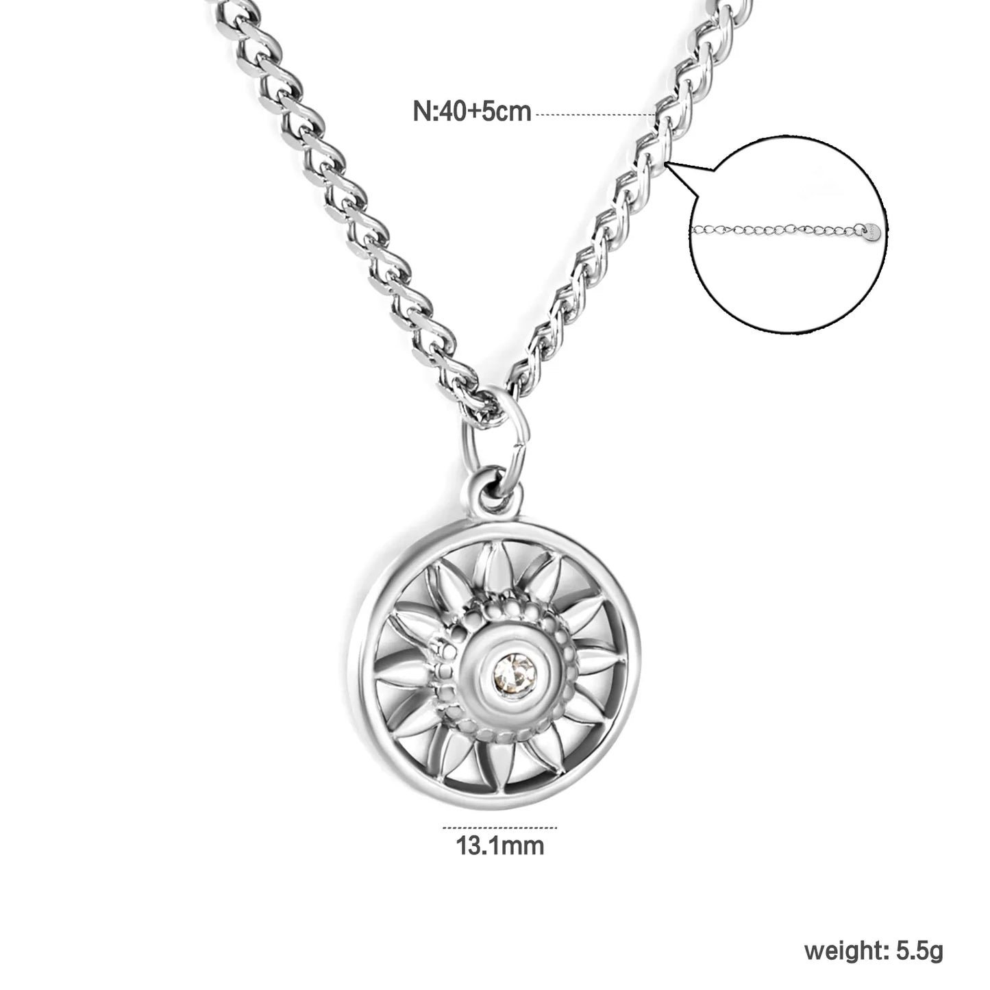 Necklace 2mm Double-Sided Brushed Finish 40+5cm + Round Pendant Steel Color Gold - Asonjewelry