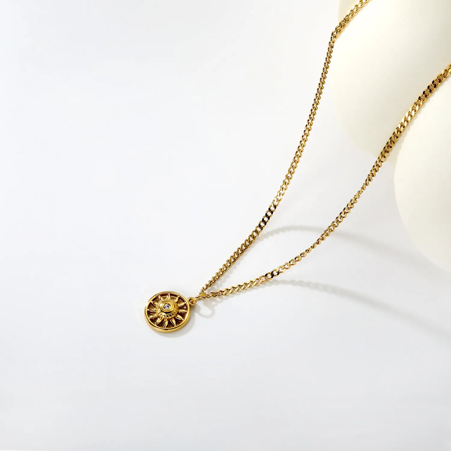 Necklace 2mm Double-Sided Brushed Finish 40+5cm + Round Pendant Steel Color Gold - Asonjewelry