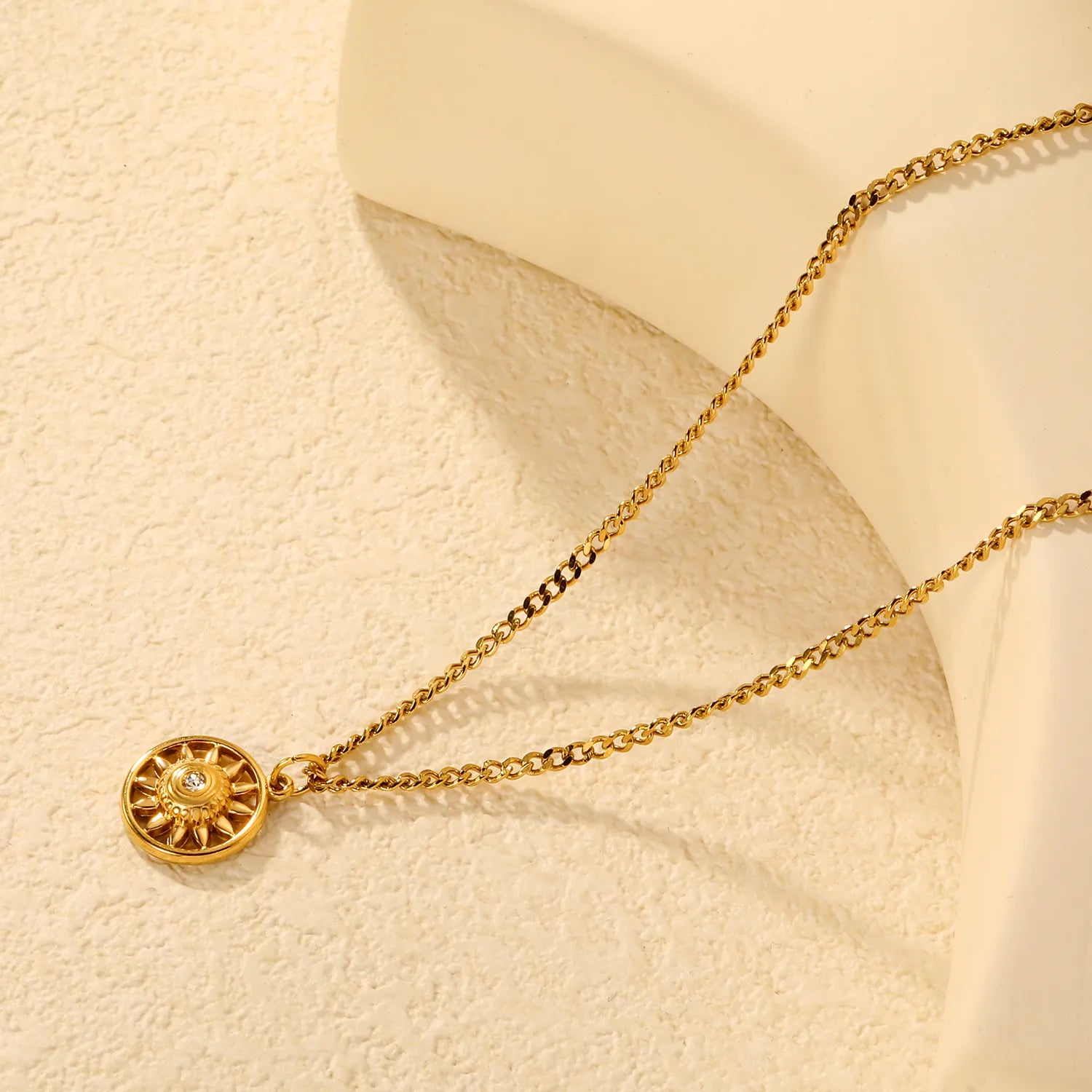 Necklace 2mm Double-Sided Brushed Finish 40+5cm + Round Pendant Steel Color Gold - Asonjewelry