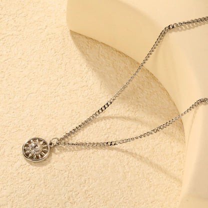 Necklace 2mm Double-Sided Brushed Finish 40+5cm + Round Pendant Steel Color Gold - Asonjewelry