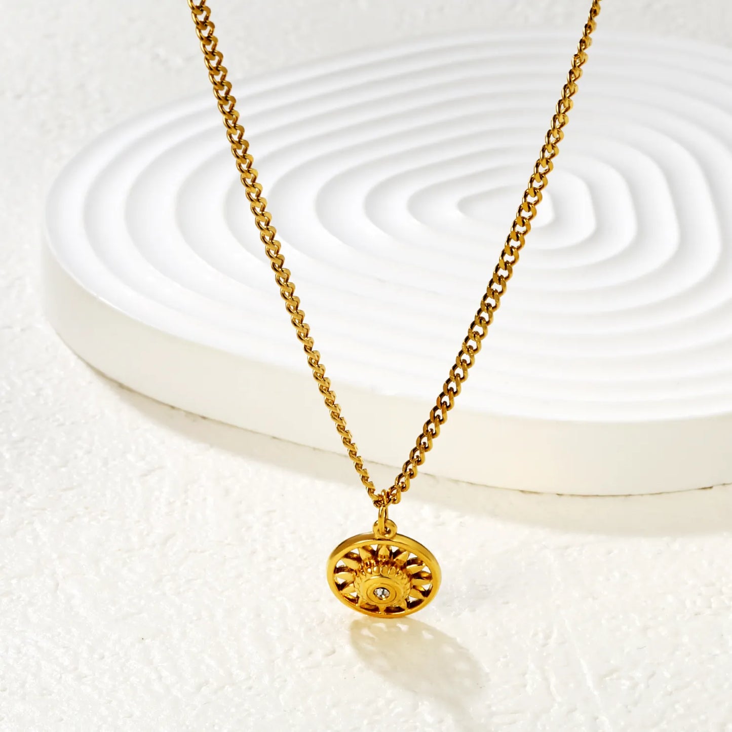 Necklace 2mm Double-Sided Brushed Finish 40+5cm + Round Pendant Steel Color Gold - Asonjewelry
