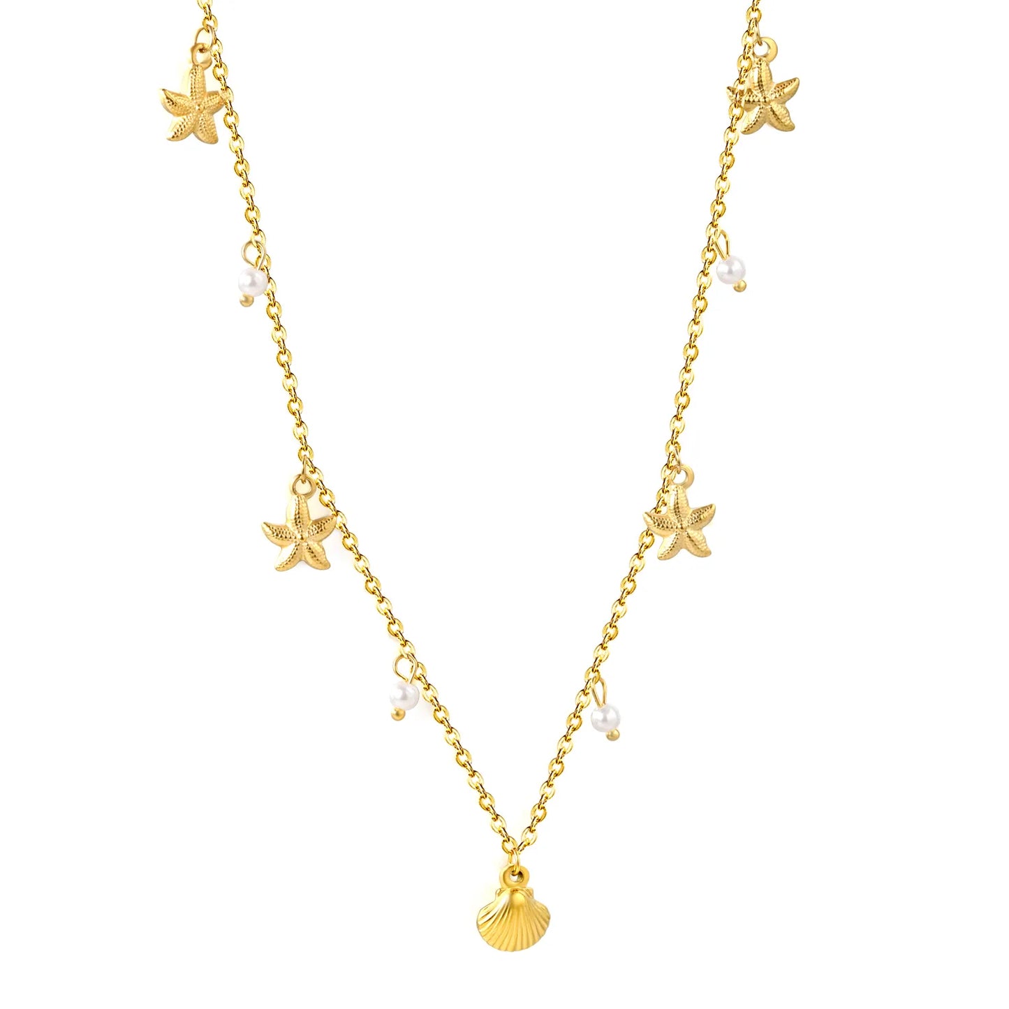 Shell Star Pearl Cross Chain Necklace in Gold - Asonjewelry