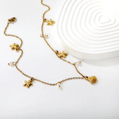 Shell Star Pearl Cross Chain Necklace in Gold - Asonjewelry
