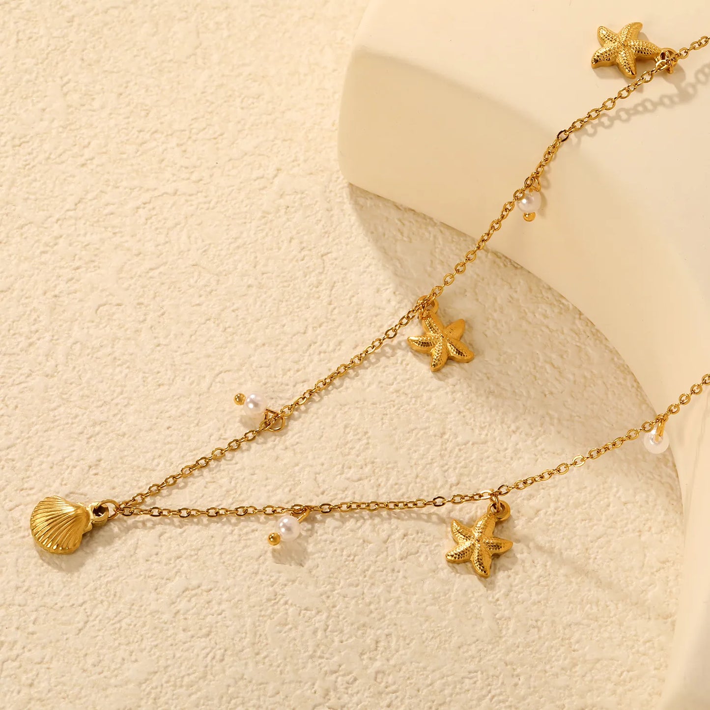 Shell Star Pearl Cross Chain Necklace in Gold - Asonjewelry