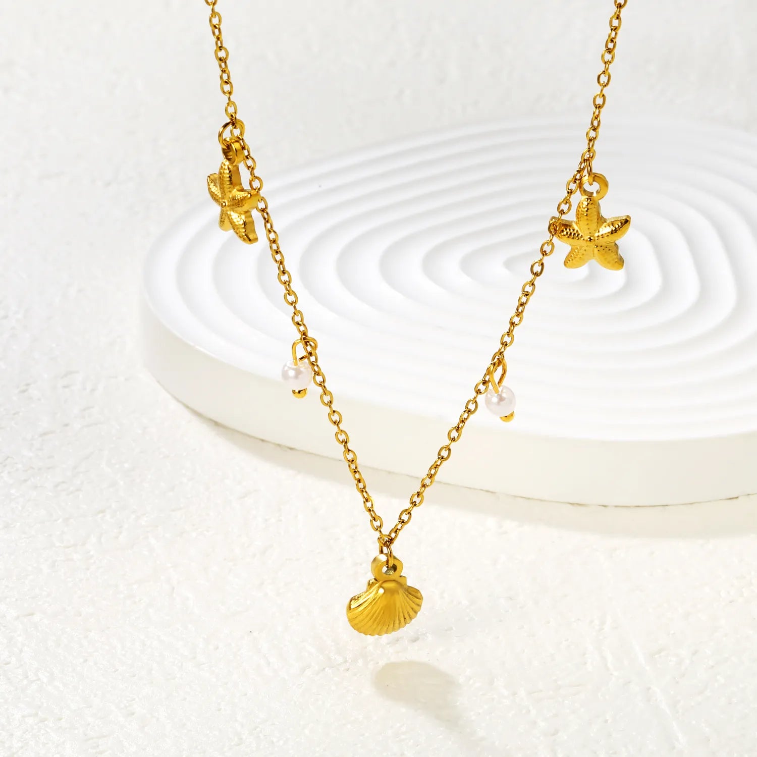 Shell Star Pearl Cross Chain Necklace in Gold - Asonjewelry