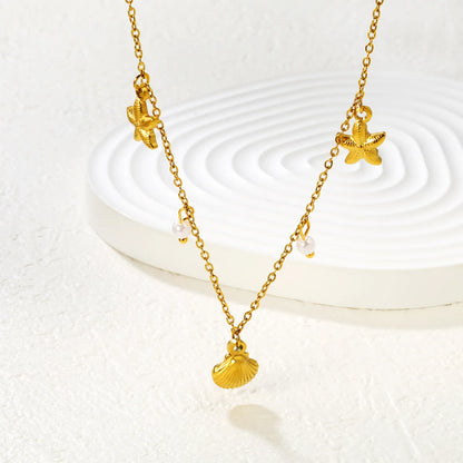 Shell Star Pearl Cross Chain Necklace in Gold - Asonjewelry