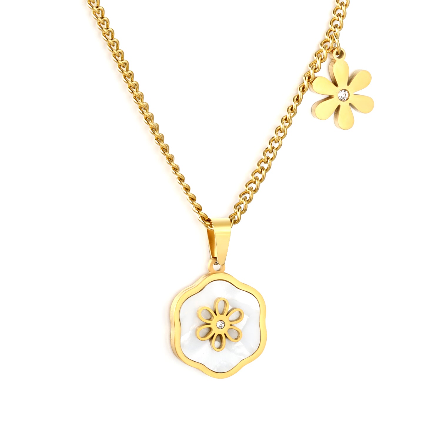 Floral Motif Openwork Six-Petaled Flower + Six-Petaled Flower Pendant Necklace in Gold - Asonjewelry