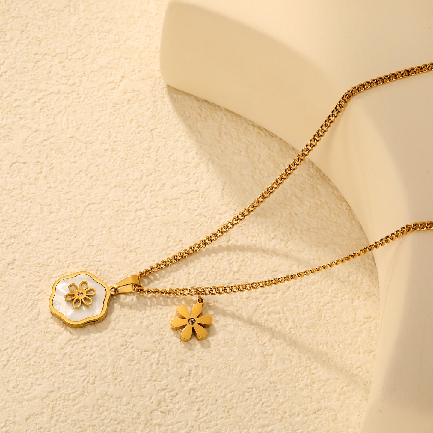 Floral Motif Openwork Six-Petaled Flower + Six-Petaled Flower Pendant Necklace in Gold - Asonjewelry