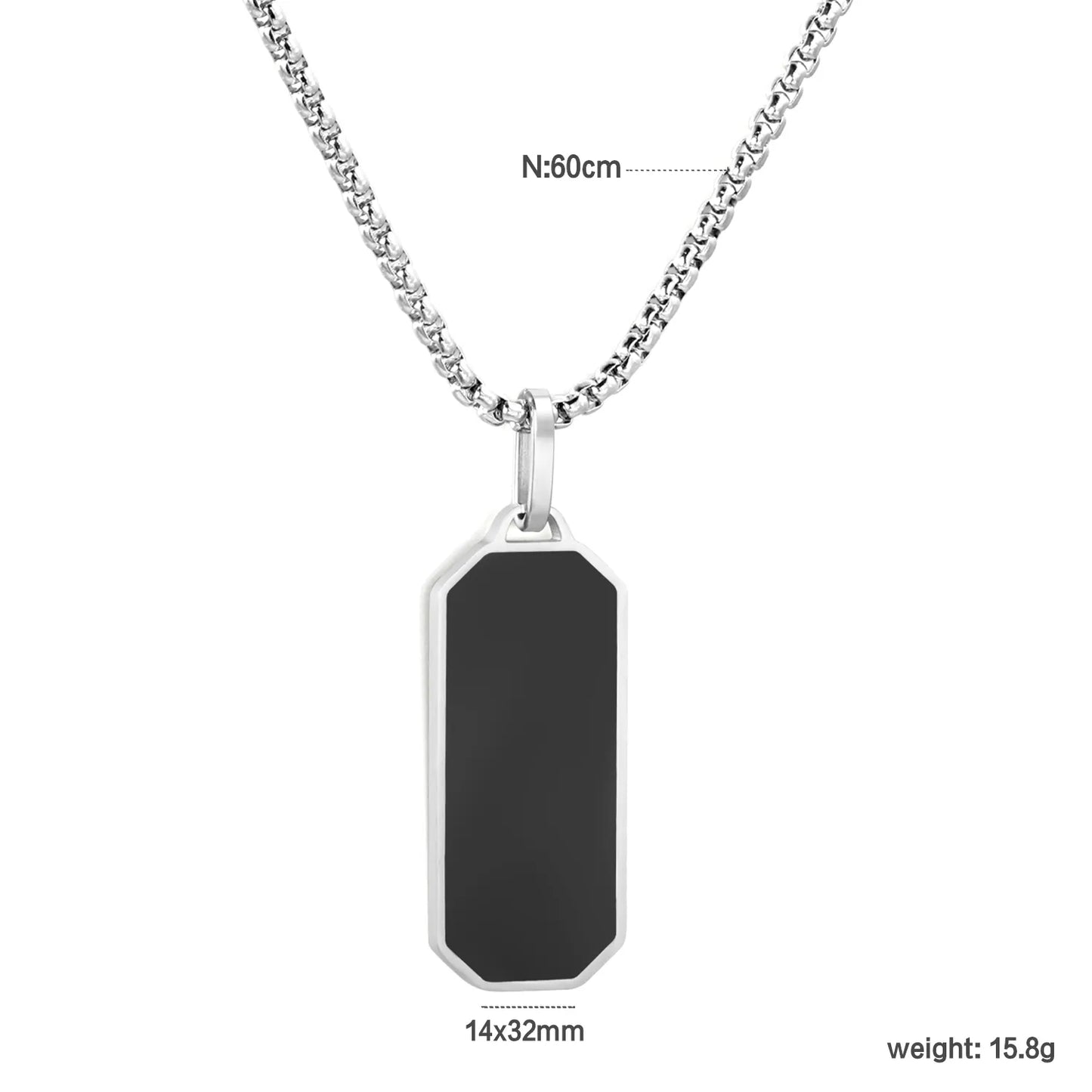 Black Rectangular Pendant with Square Pearl Chain, Steel Color - Asonjewelry