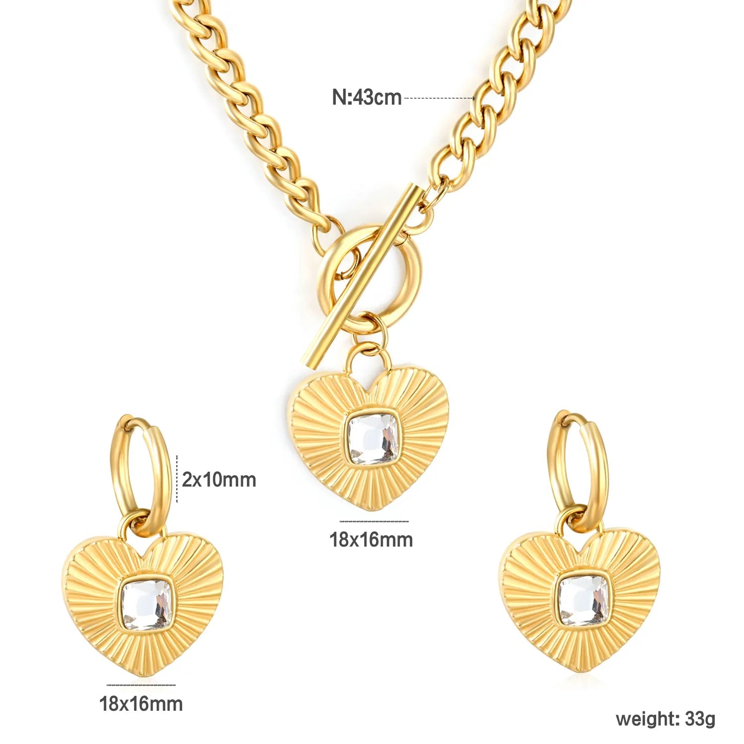 White Diamond Heart Set - Gold  Earrings: 2.0*10 heart accessories, 18*16mm  Pendant: 18*16mm  OT Clasp: 1.4*5, Side Chain: 43cm asonjewelry