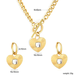 White Diamond Heart Set - Gold  Earrings: 2.0*10 heart accessories, 18*16mm  Pendant: 18*16mm  OT Clasp: 1.4*5, Side Chain: 43cm asonjewelry