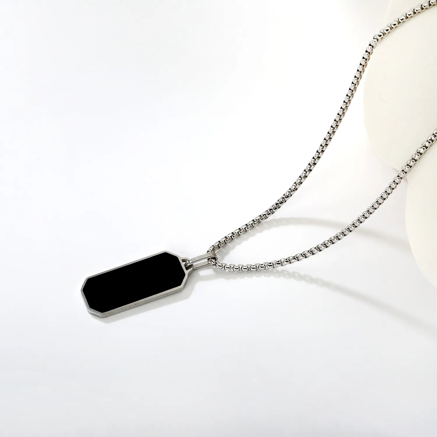 Black Rectangular Pendant with Square Pearl Chain, Steel Color - Asonjewelry