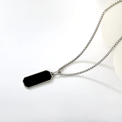 Black Rectangular Pendant with Square Pearl Chain, Steel Color - Asonjewelry