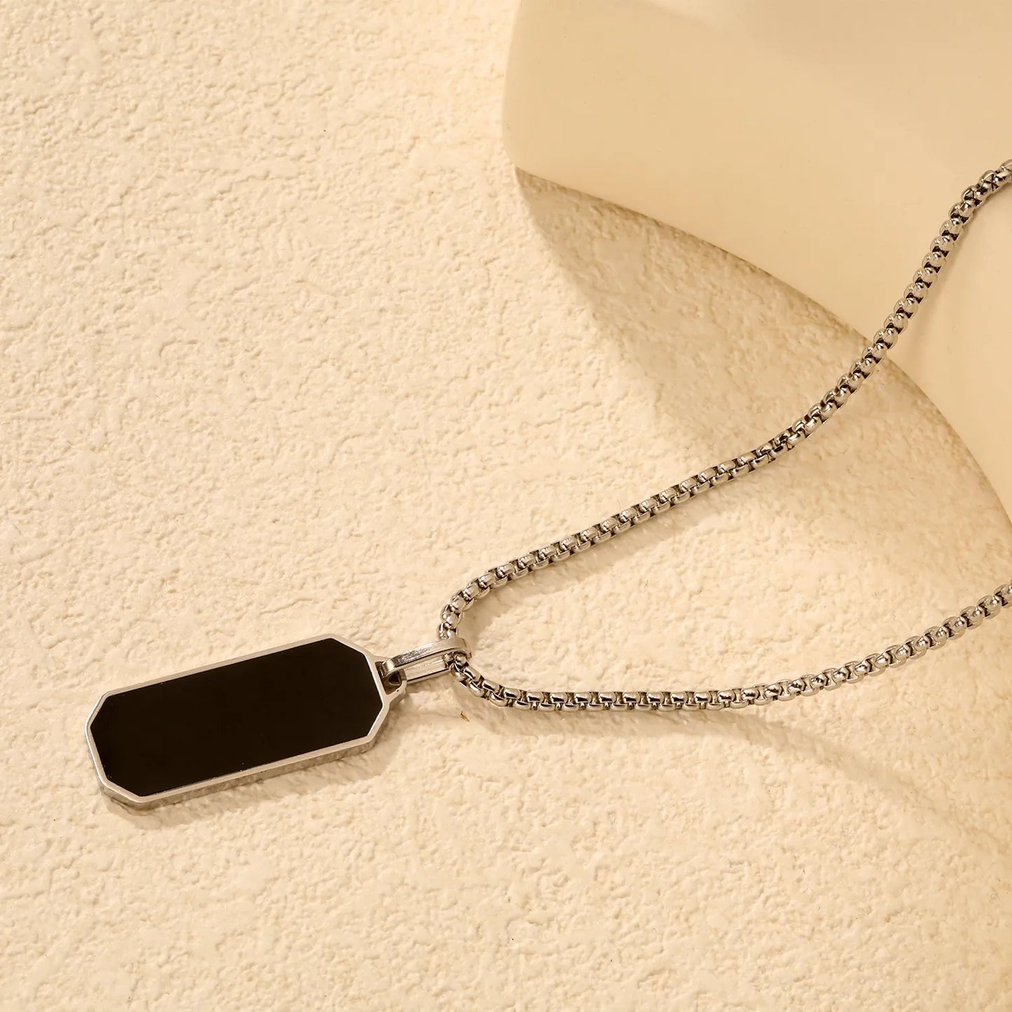 Black Rectangular Pendant with Square Pearl Chain, Steel Color - Asonjewelry
