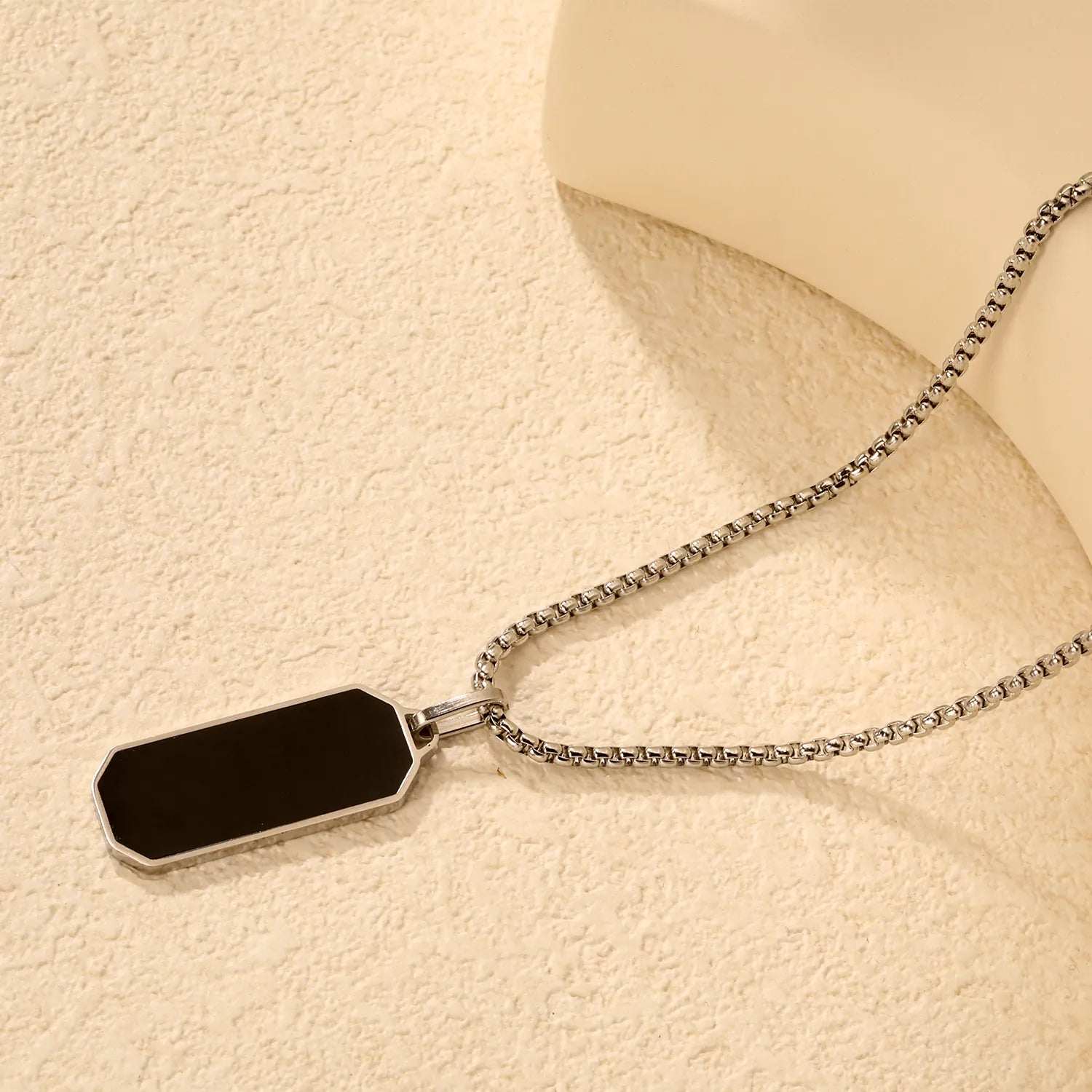 Black Rectangular Pendant with Square Pearl Chain, Steel Color - Asonjewelry