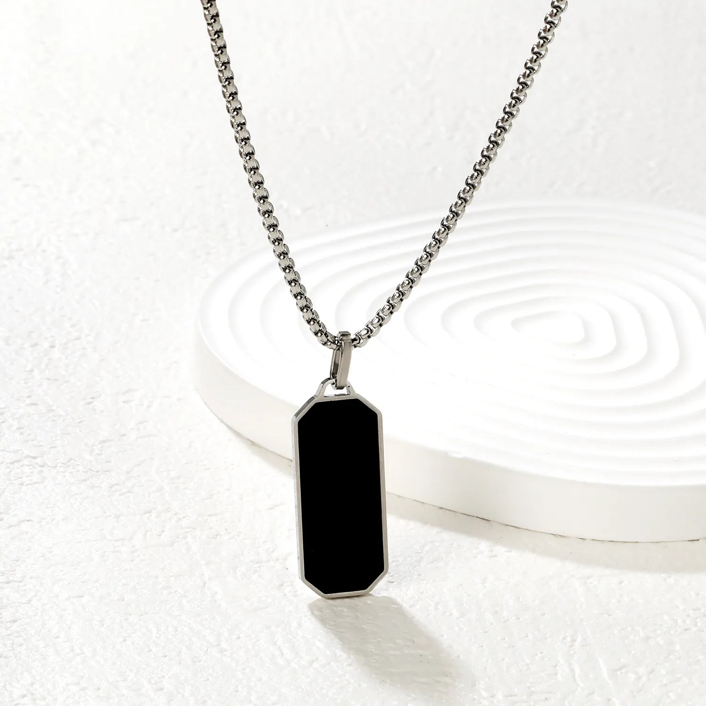 Black Rectangular Pendant with Square Pearl Chain, Steel Color - Asonjewelry