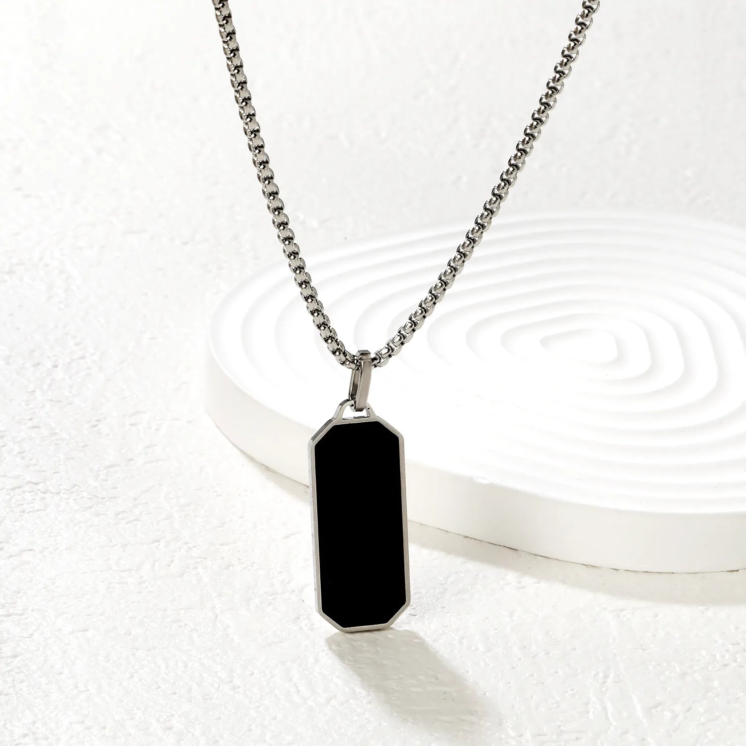 Black Rectangular Pendant with Square Pearl Chain, Steel Color - Asonjewelry