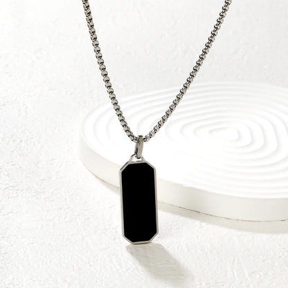 Black Rectangular Pendant with Square Pearl Chain, Steel Color - Asonjewelry