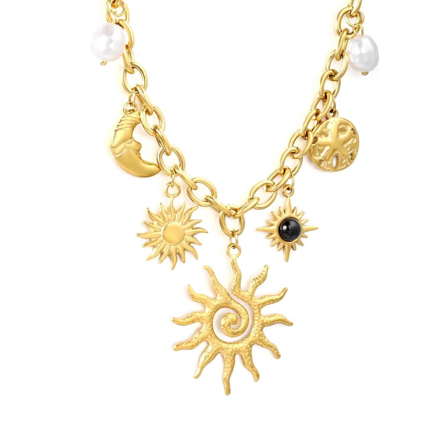 Sun and Moon Gemstone Pearl Necklace in Gold - Asonjewelry