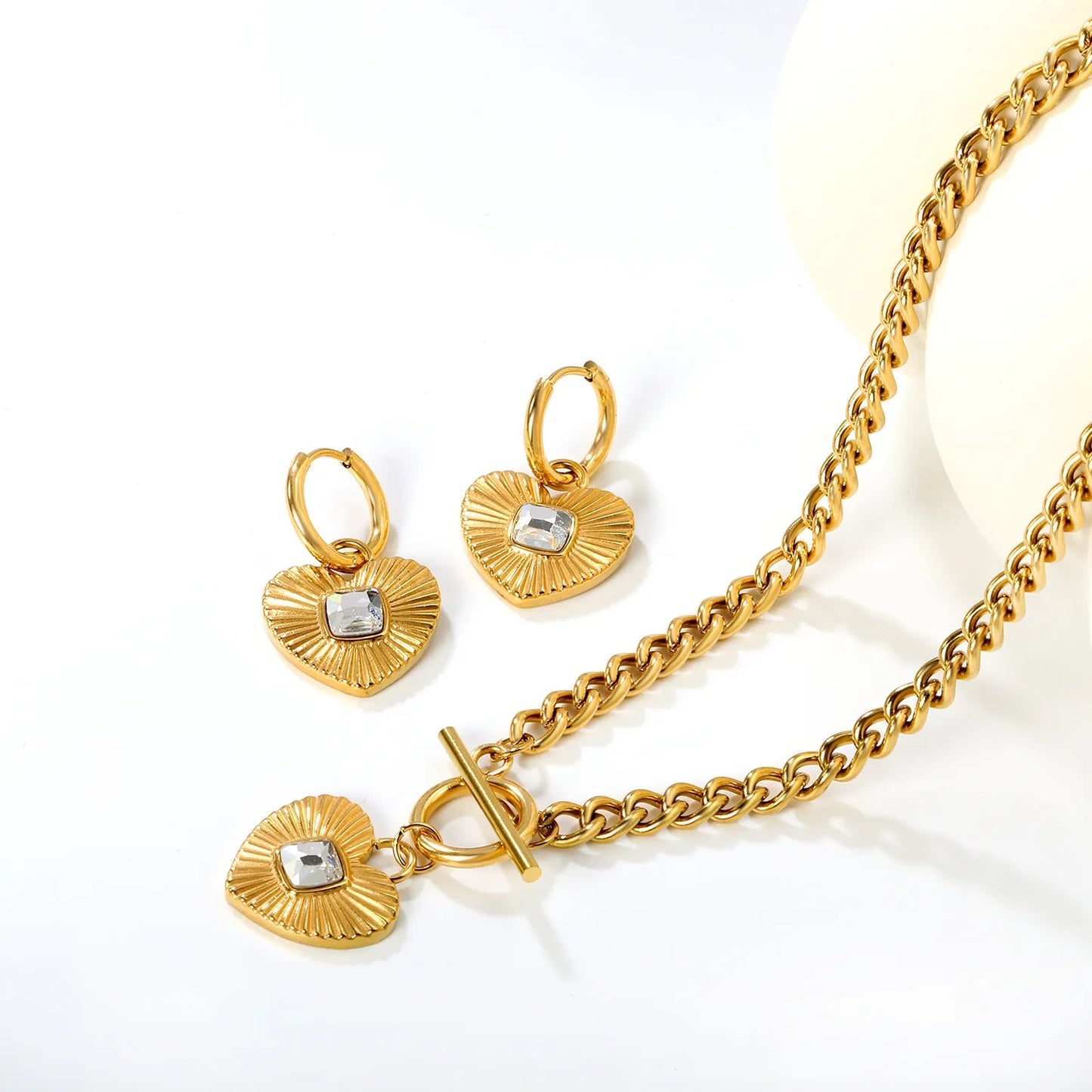 White Diamond Heart Set - Gold  Earrings: 2.0*10 heart accessories, 18*16mm  Pendant: 18*16mm  OT Clasp: 1.4*5, Side Chain: 43cm asonjewelry