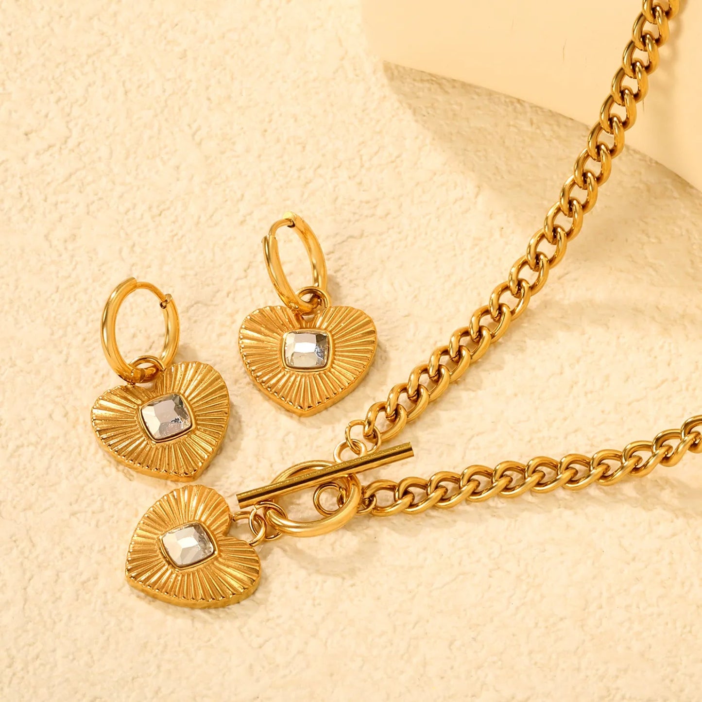 White Diamond Heart Set - Gold  Earrings: 2.0*10 heart accessories, 18*16mm  Pendant: 18*16mm  OT Clasp: 1.4*5, Side Chain: 43cm asonjewelry