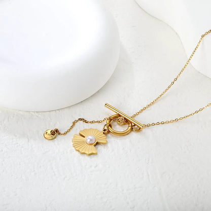 15.8*16mm irregular lotus petal-shaped pearl, 2mm cross chain, 40+5cm+6mm round tail label OT clasp necklace, gold color asonjewelry