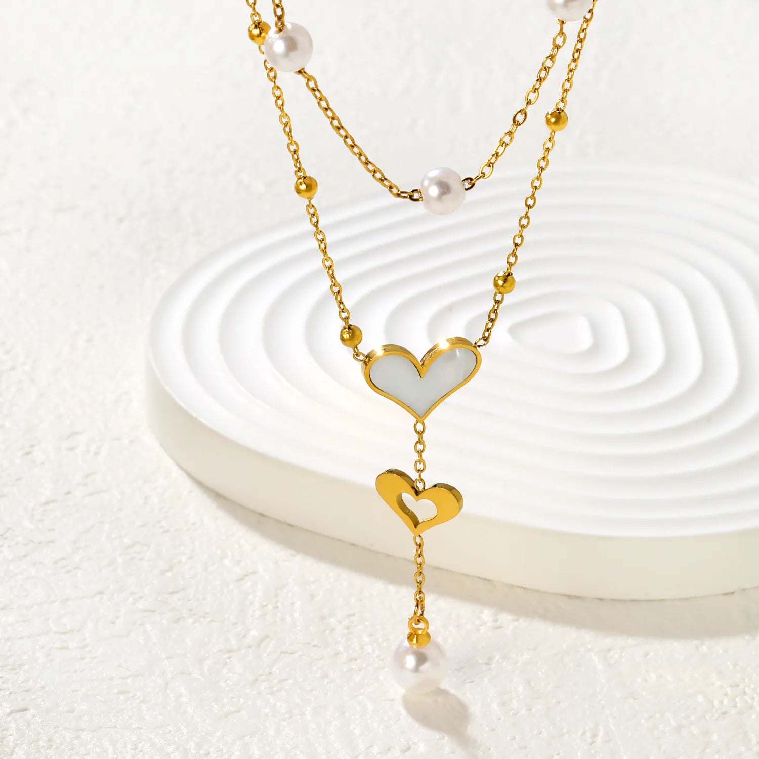 Pearl Heart Tassel Pendant Necklace in Gold - Asonjewelry