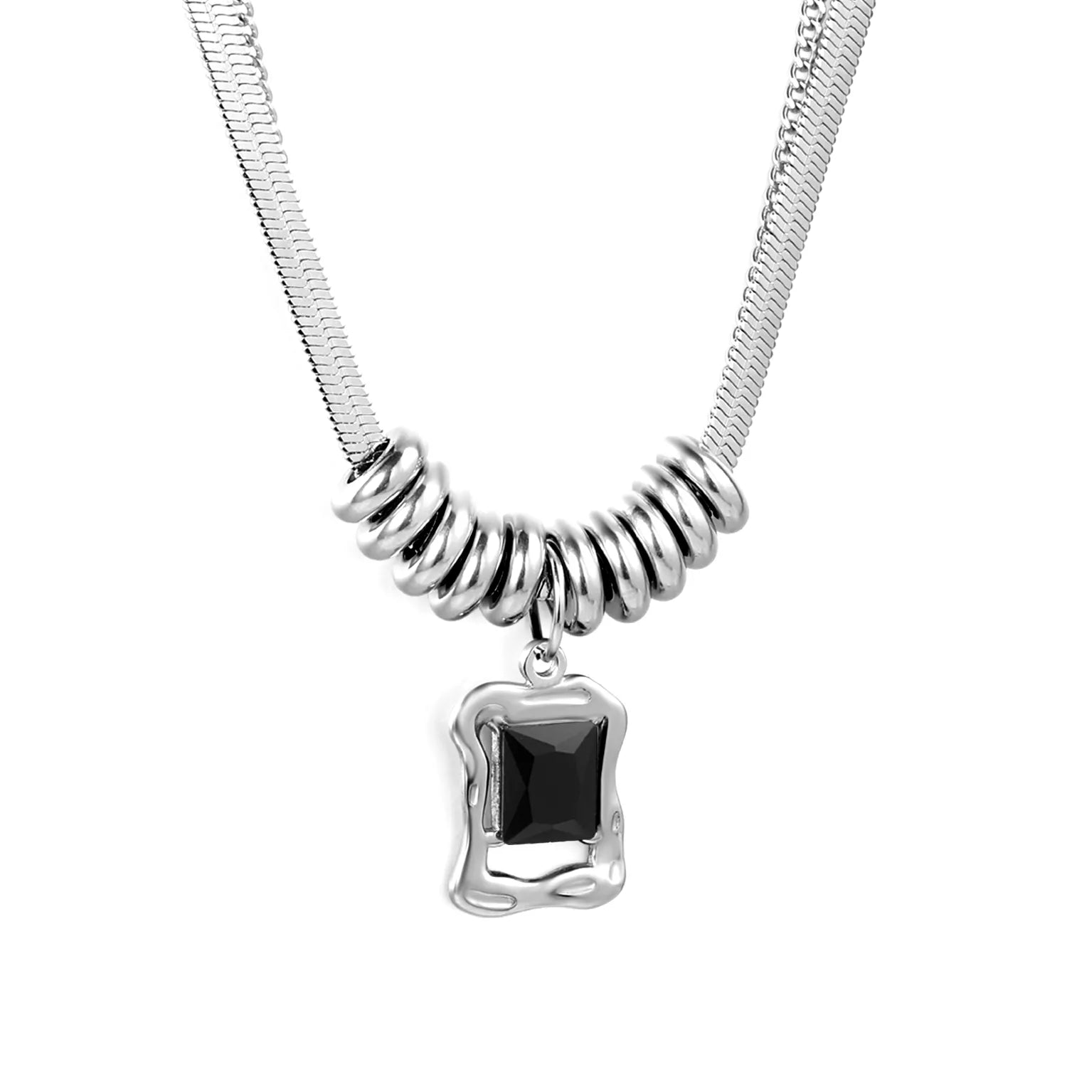 Round-Square Pendant with Flat Snake Chain Side Chain Double Chain in Steel Color - Asonjewelry